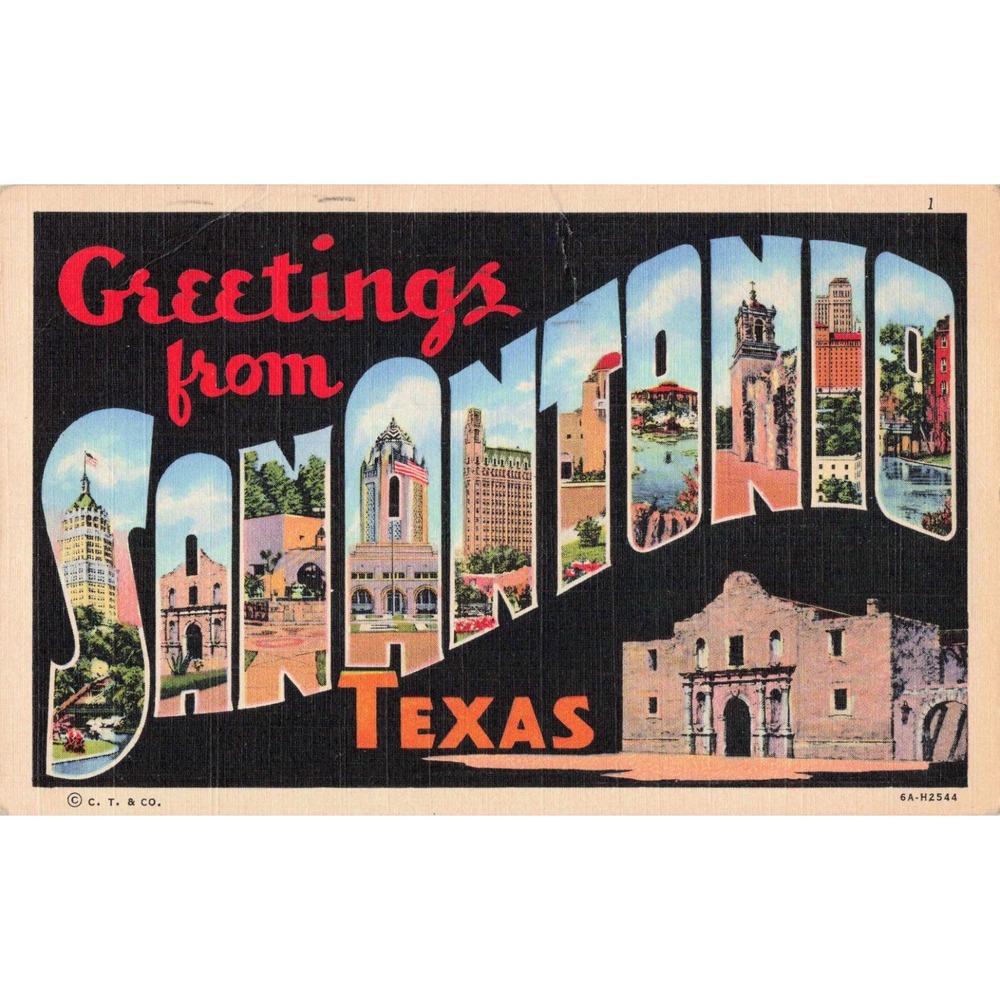 Vintage 1944 Greetings from San Antonio Texas Large Letter Linen Postcard VG